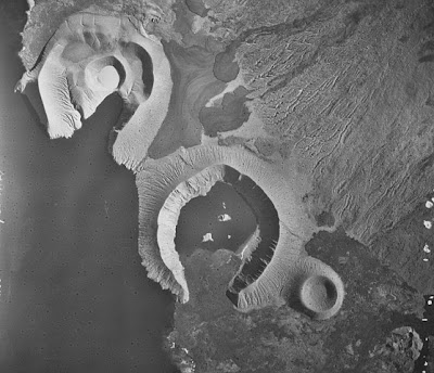 The tuff cones of Tagus (upper left) and Beagle on Isabela Island, Galapagos