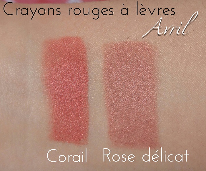 Crayon rouge à lèvres bio mat Avril Rose délicat et Corail swatch Crayon rouge à lèvres bio mat Avril Rose délicat et Corail swatch
