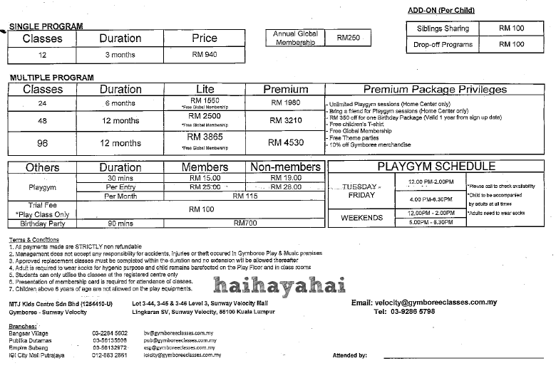 haihayahai Gymboree Sunway Velocity (Triall Class dan Fee structure)