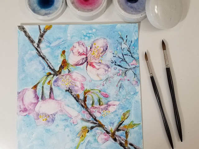 Cherry blossoms watercolor on Yupo paper.