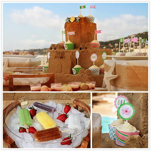 surf pool party sandcastle cupcake stand and party circles