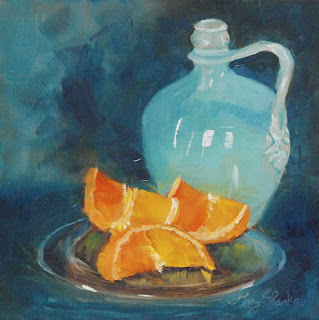 still life oil painting of a blue jug and oranges by Mary Benke