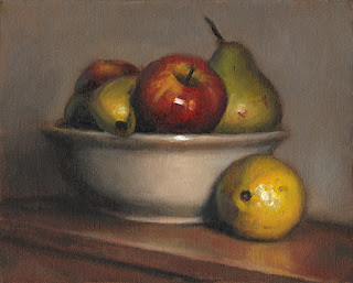 Still life oil painting of a bowl of fruit with a lemon beside.