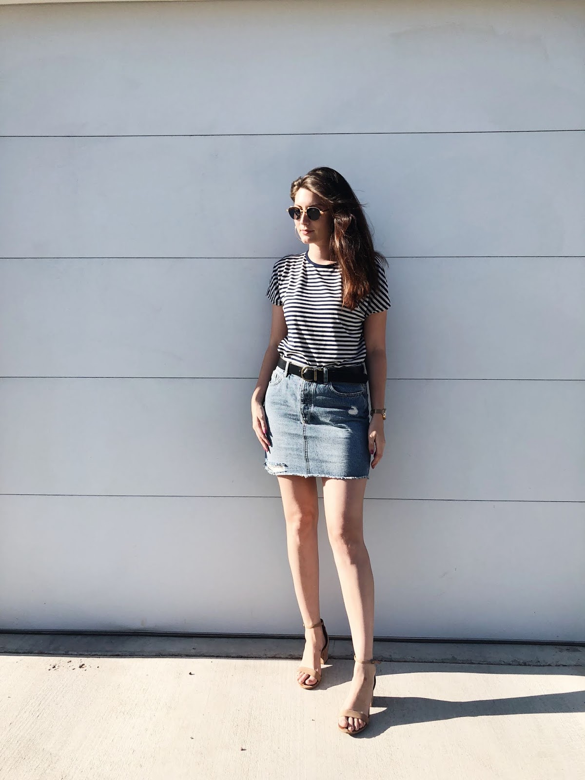 striped t shirt and denim skirt | these days