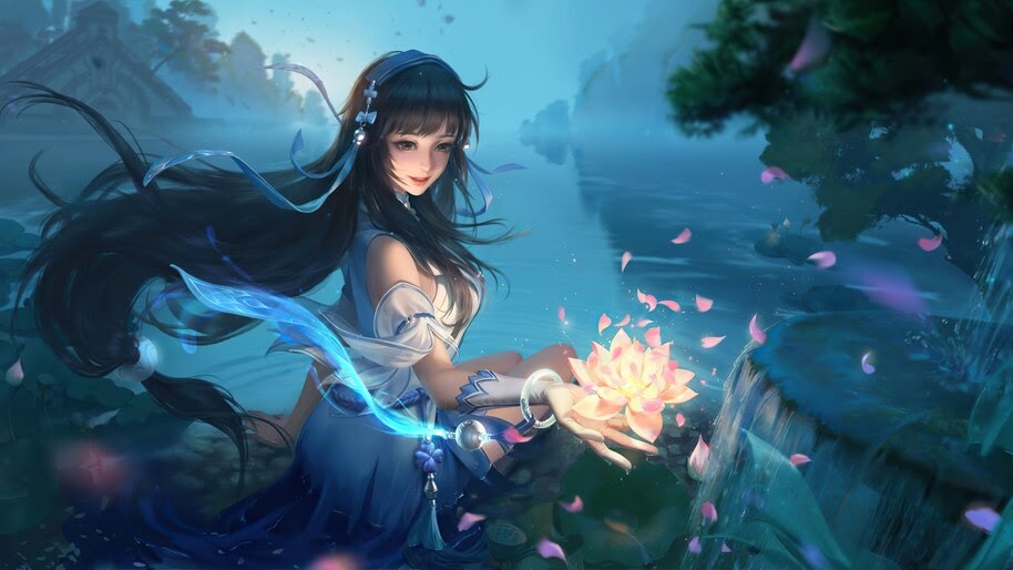 Beautiful, Fantasy, Girl, Lotus, Flower, 4K, #4.3105