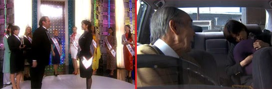 Misaki being congratulated at a pageant for World's Best Cabin Attendant / The taxi driver wakes the sleeping Misaki.