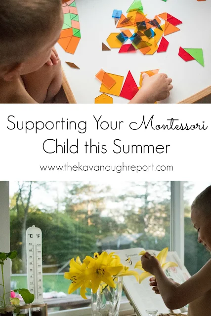 Ideas and activities for supporting your Montessori child at home during the summer. Montessori friendly summer vacation learning ideas.