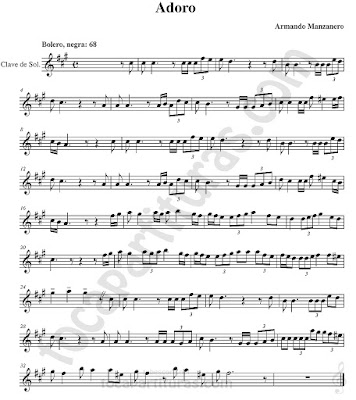  Adoro Partituras en Clave de Sol de Flauta, Violín, Saxo Alto, Oboe, Trompeta, Saxofón Tenor, Soprano Sax, Clarinete, Trompeta, Cornos, Trompa, Barítono, Voz... Bolero de Armando Manzanero Sheet Music in treble clef for violin, flute, alto saxophone, trumpet, clarinet, horn, flugelhorn, baritone, voice... 