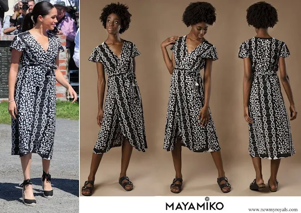 Meghan Markle wore Mayamiko Dalitso maxi wrap dress in black and white