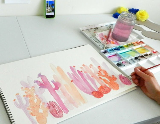 painting watercolor cactus in pink and coral! by Grow Creative Art