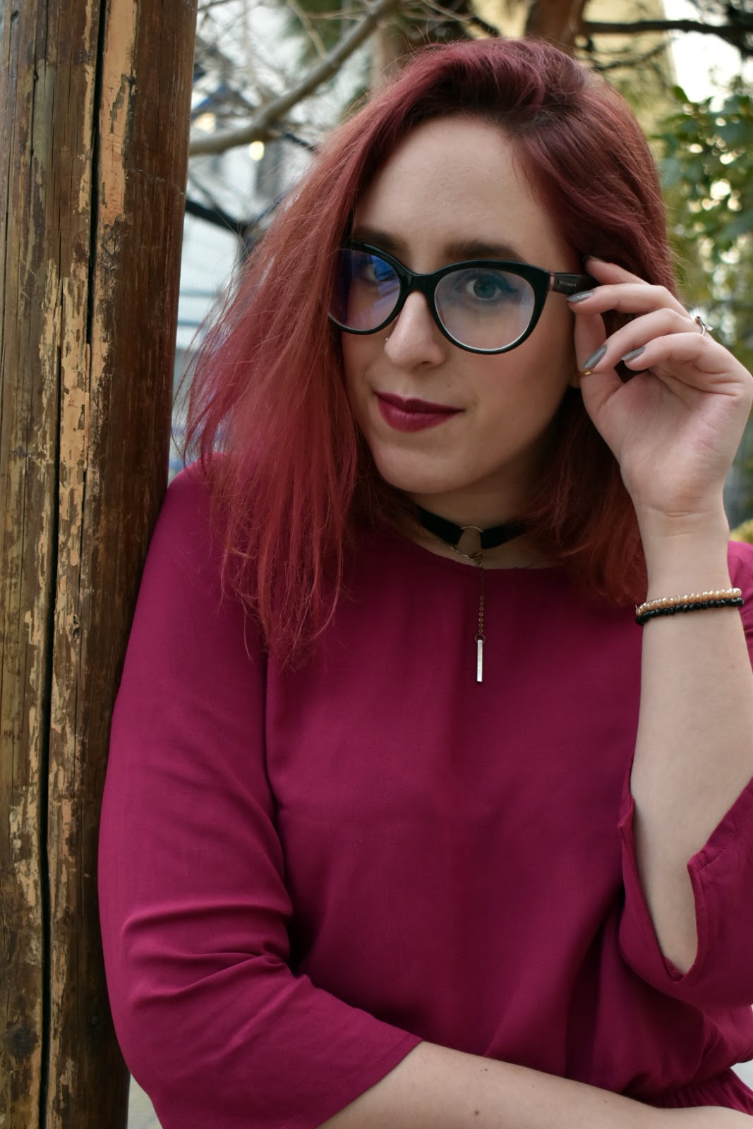 spotlights on badwolf, anna keni, anna, fashion, makeup, redhead,glasses, girl with glasses, Bad Wolf,fashion blogger,greek girl, greek fashion blogger, dress, magenta, h&m, spring,collection, trends, black, over the knee boots, otk, otkb, 