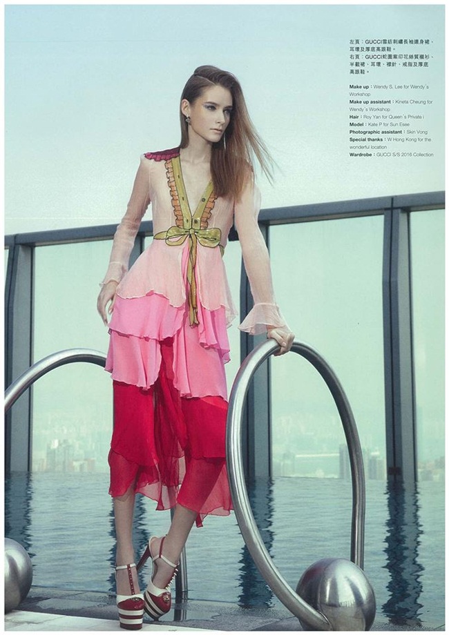 Harper's Bazaar Hong Kong March 2016, Kate P. Gucci 2016 SS Pink Embroidered Chiffon Dress Editorials