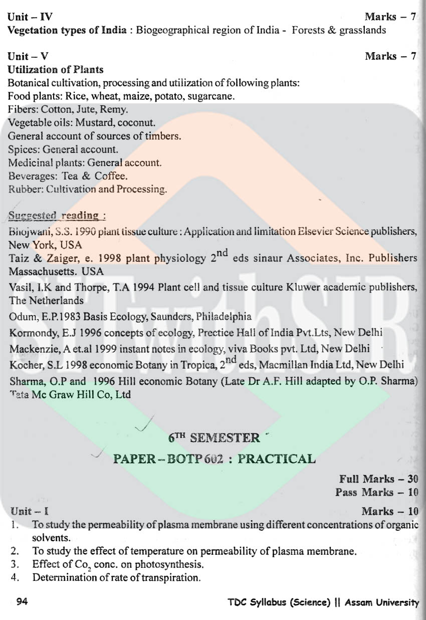 Botany (pass) course syllabus 6th semester of Assam University Silchar