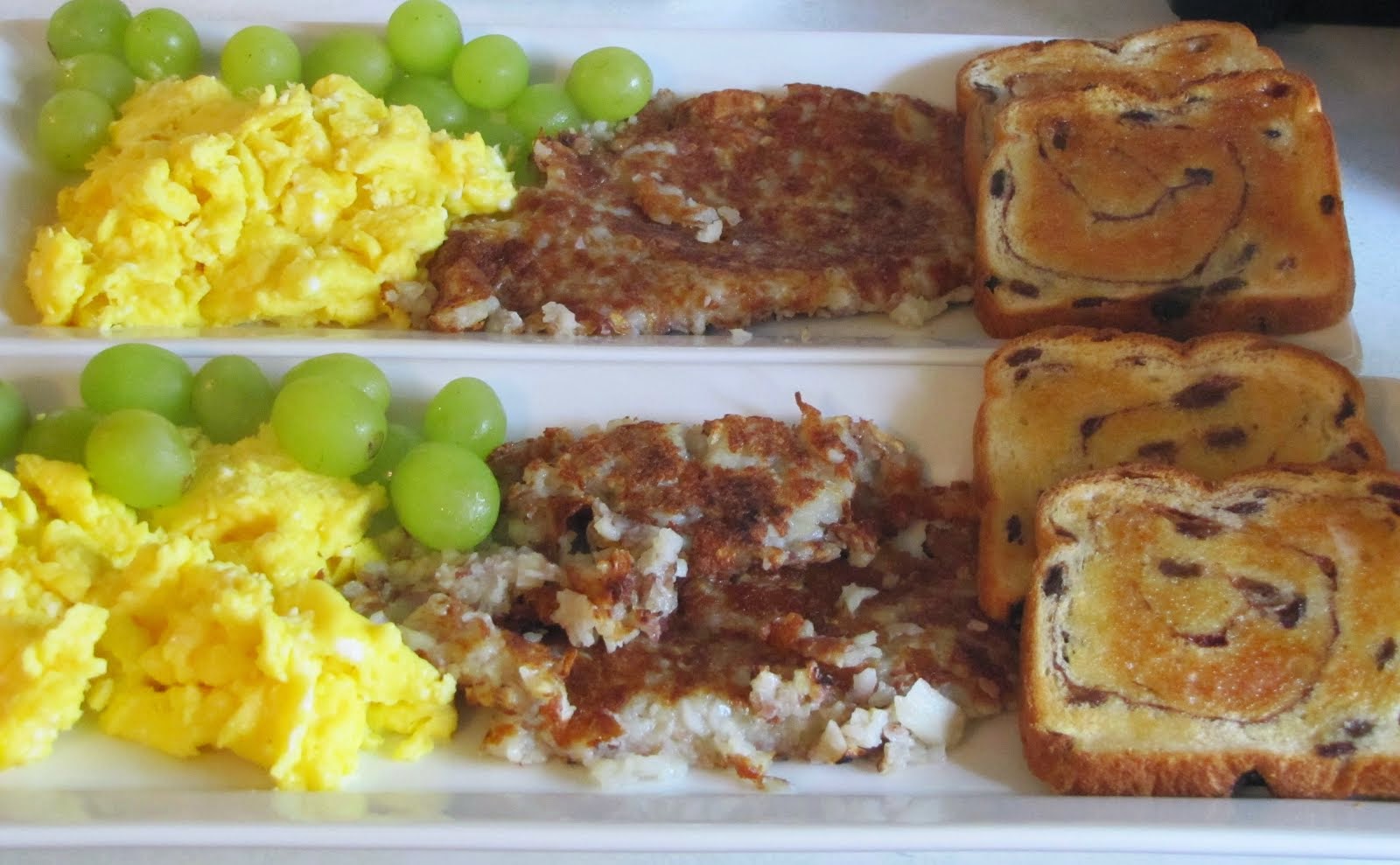 Eggs, Hash Browns, Raisin Bread , Grapes