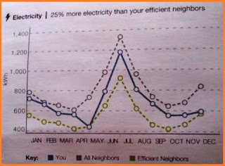 Line graph plotting electricity usage for each month, showing the efficient, average consumption, and me