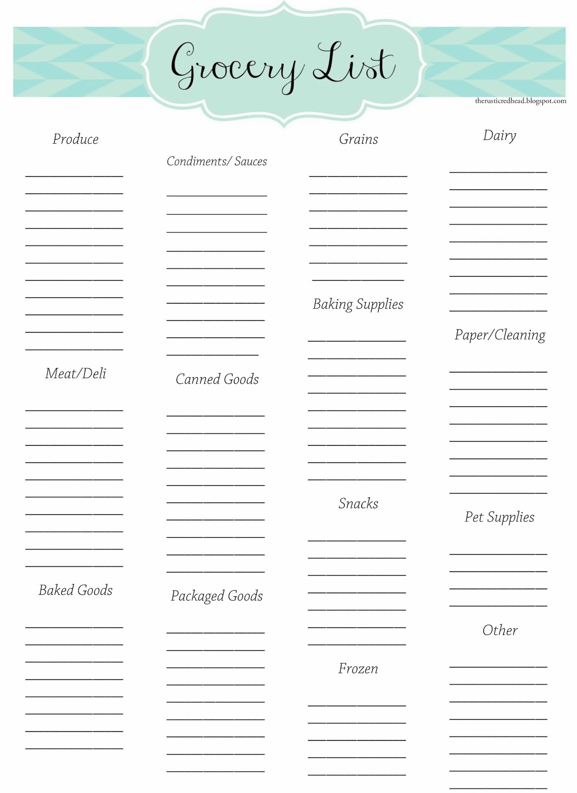 the rustic redhead grocery list weekly menu printables