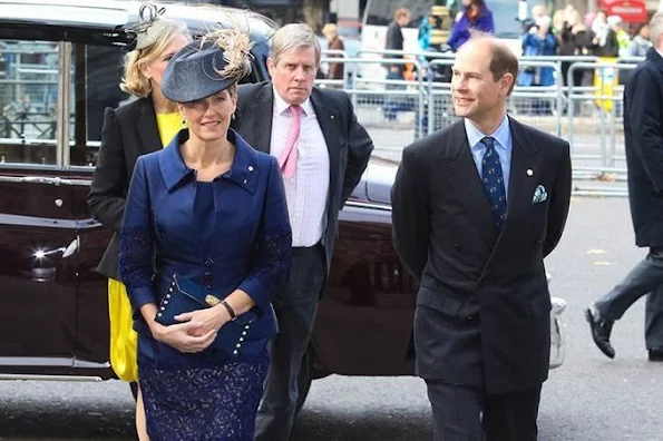 Countess Sophie wore Bruce Oldfield jacket and dress, Beauchamps of London Clutch Bag, PRADA pump, Heavenly Necklaces Sapphire Earrings