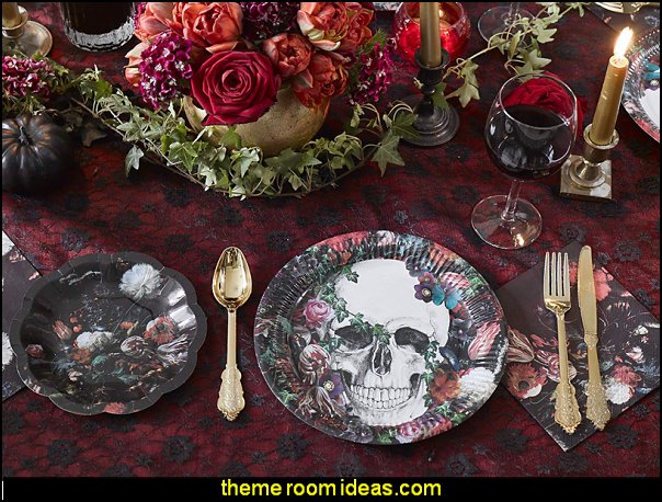 7 Foot Gothic Style Red Skulls Vines and Roses Decorative Halloween Tablecloth
