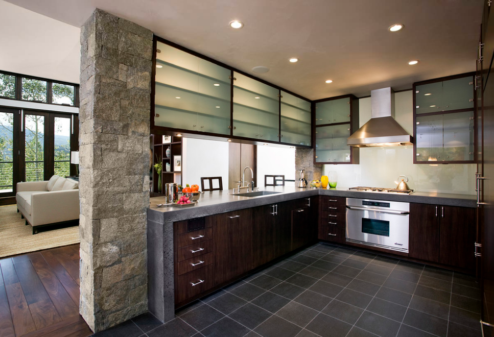 hanging kitchen cabinet on concrete wall