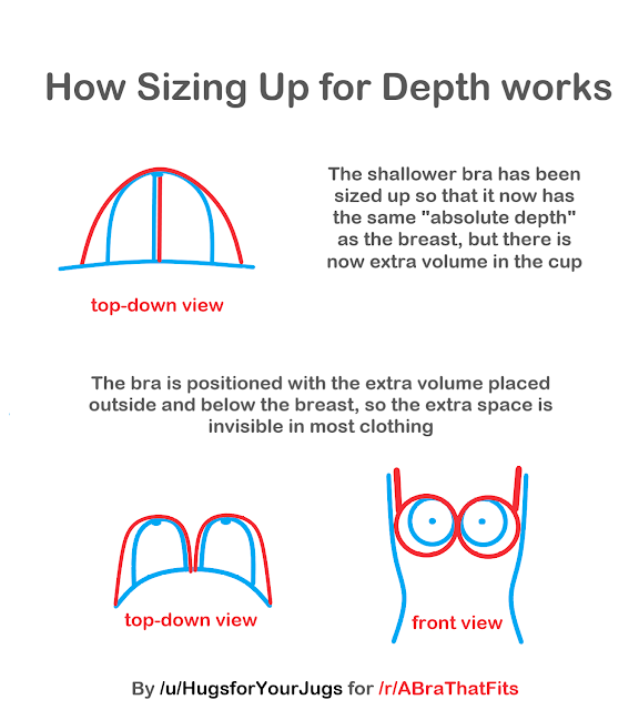 Diagram showing how a shallow cup can be upsized so its absolute depth is enough for a projected breast, and the extra volume in the cup is positioned to the outsides of and below the breast so it is "hidden" 