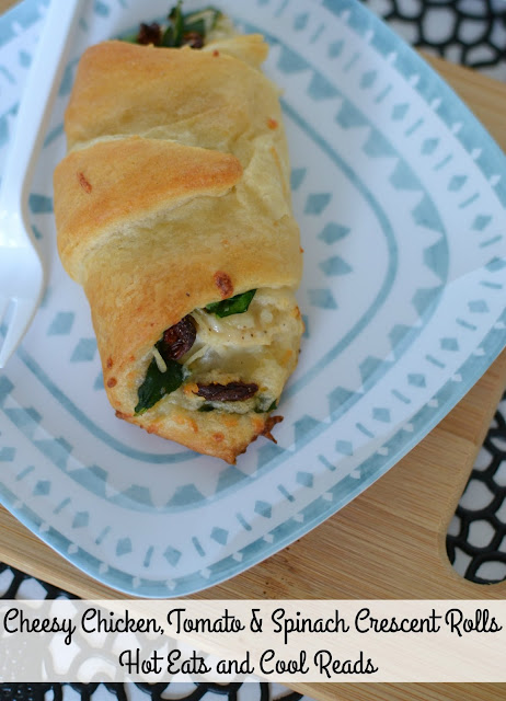 Great served as an appetizer, lunch or side! So delicious and flavorful! Cheesy Chicken, Sun Dried Tomato and Spinach Crescent Rolls Recipe from Hot Eats and Cool Reads
