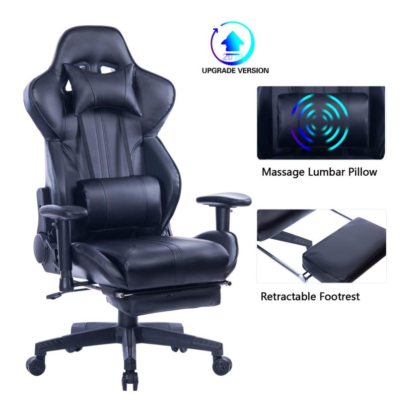 Blue Whale Back Massage Gaming Chair with Footrest,PC Computer Video Game Racing Gamer Chair High Back Reclining Executive Ergonomic Desk Office Chair with Headrest Lumbar Support Cushion 8262Black 