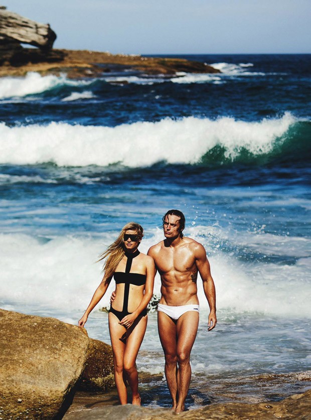 Lara Stone strips to swimwear for Vogue Australia April 2016