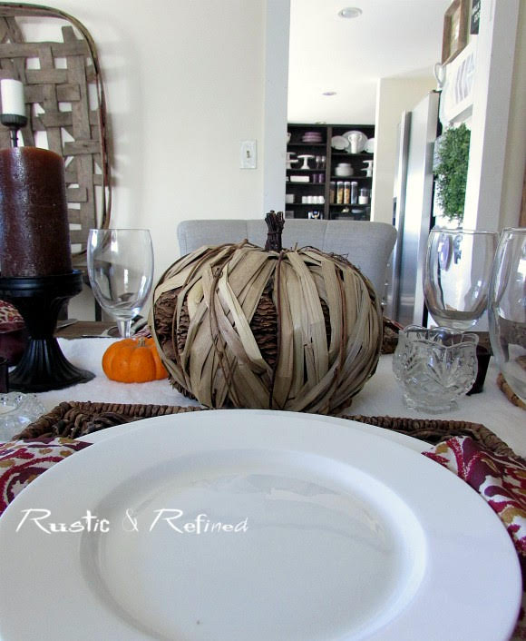 Fall tablescape with lots of gorgeous texture and stunning fall color. #decor, #fall, #autumn, #tablesetting, #tablescape, #entertaining