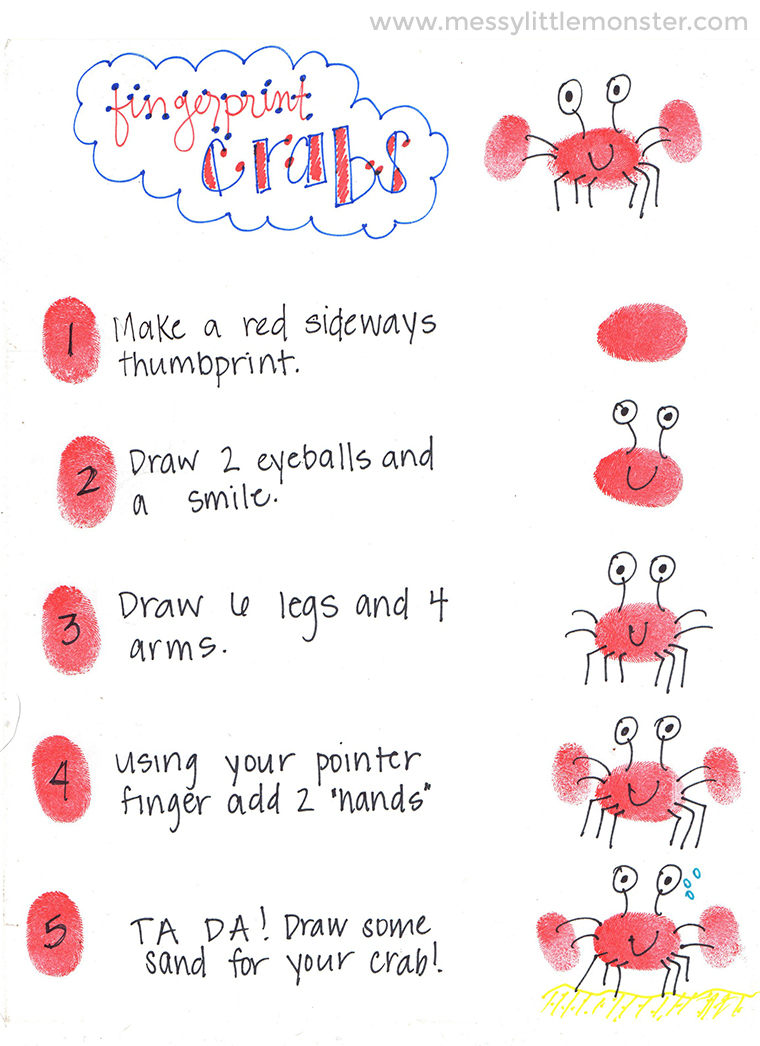 Ocean Theme Thumbprint Animals for kids - fingerprint crab craft instructions