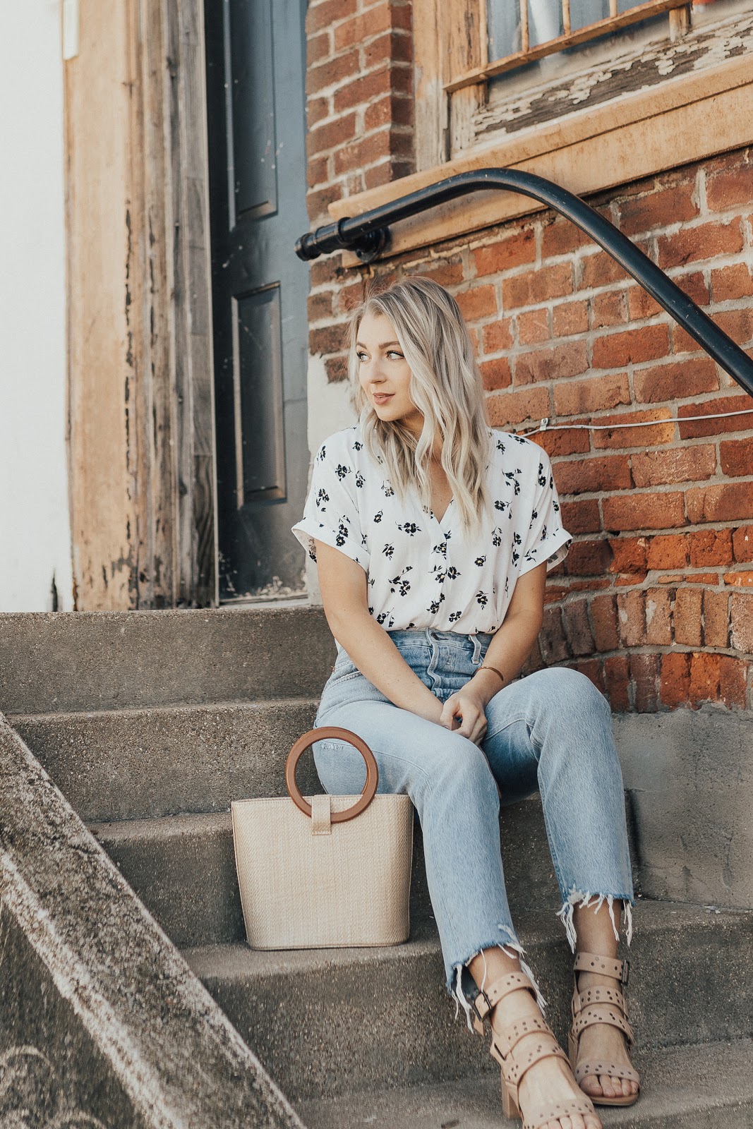floral button-down, high-waisted jeans, nude sandals, woven bag | Love, Lenore