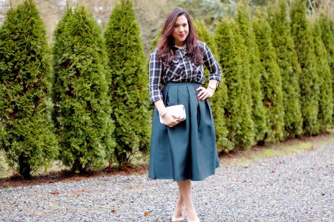 Tibi Simona skirt and evergreen plaid outfit idea