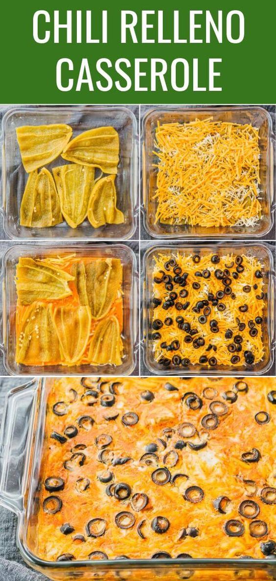 This chili relleno casserole is a vegetarian Mexican casserole recipe that's easy to make, healthy, low carb, keto, and gluten free. It's made with cheese, eggs, enchilada sauce, olives, and green chiles like Ortega's canned version. Families can enjoy it as a meatless breakfast or dinner. Click the pin to find the recipe, nutrition facts, and step by step photos. #healthy #healthyrecipes #lowcarb #keto