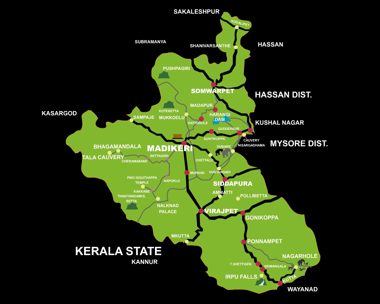coorg tourist map with distance