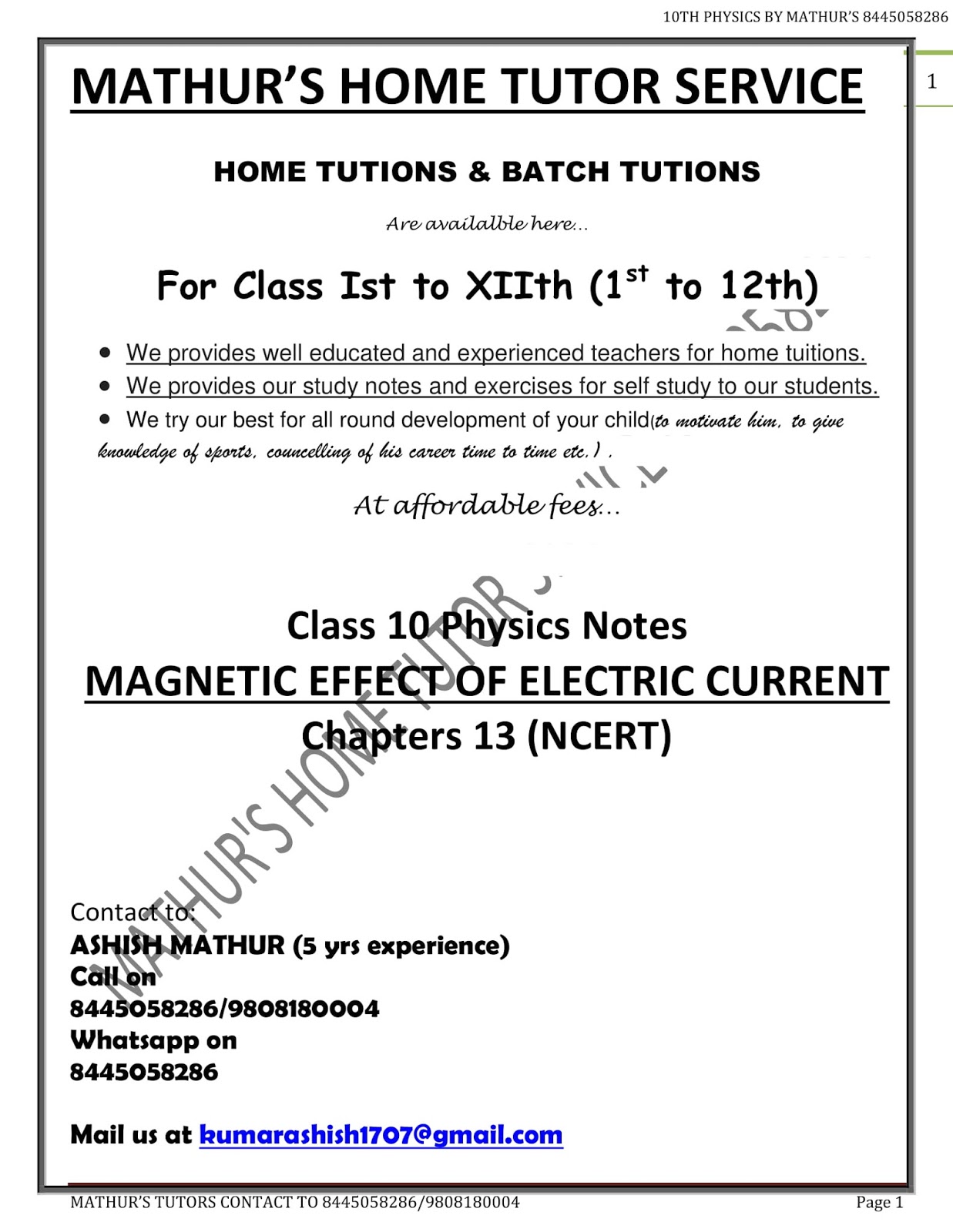 Class 10 physics notes magnetic effect of electric current chapters 13