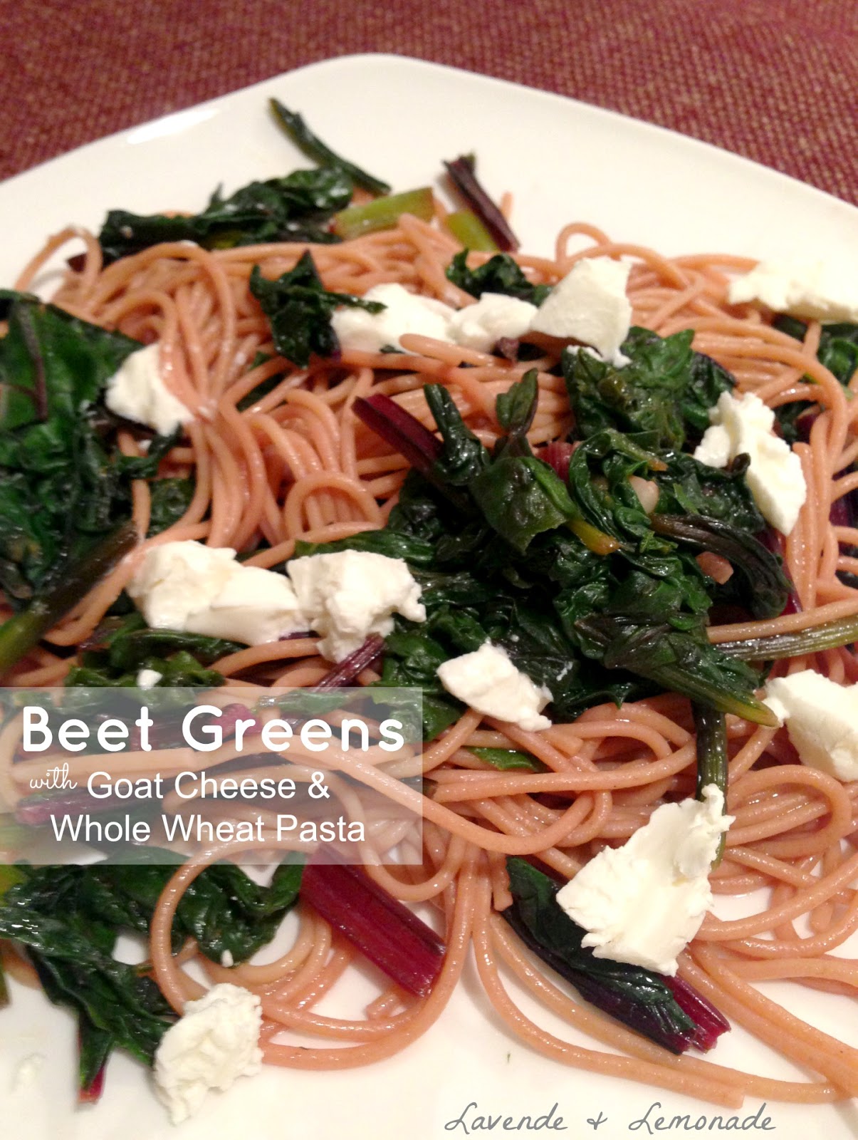 Beet greens with goat cheese and whole wheat pasta