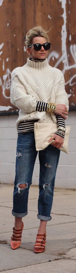 Fall fashion | Distressed denim, turtle neck sweater and striped shirt