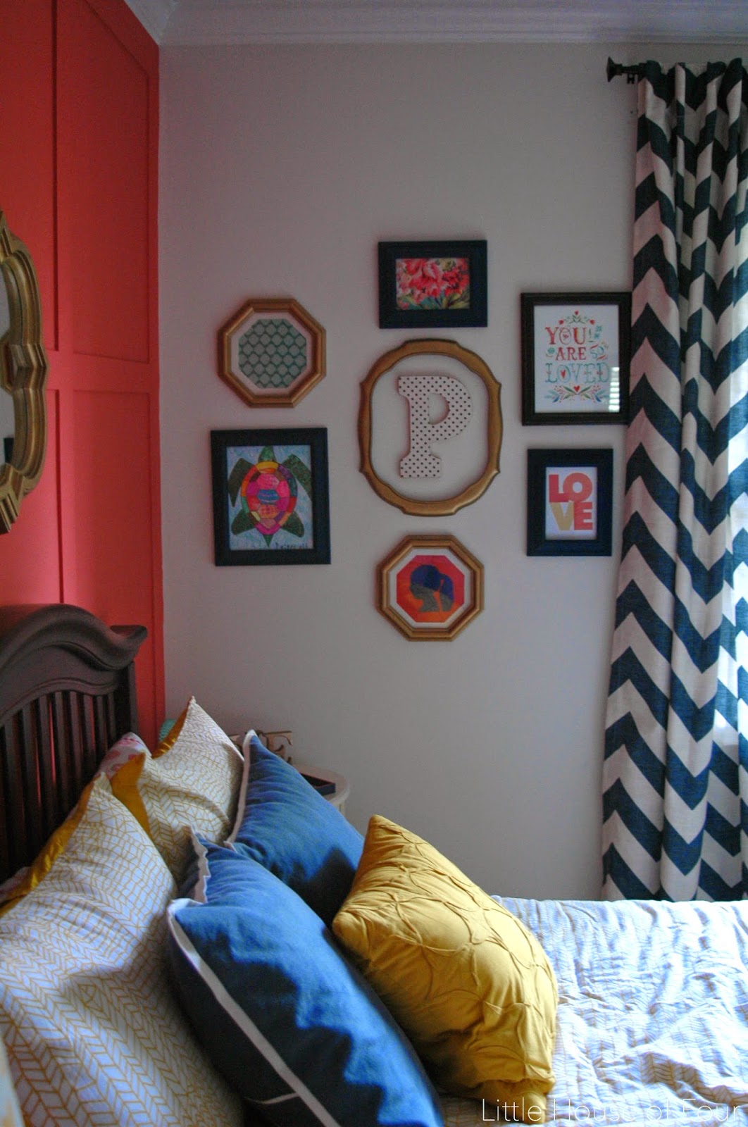Navy, Coral and Yellow Girls room