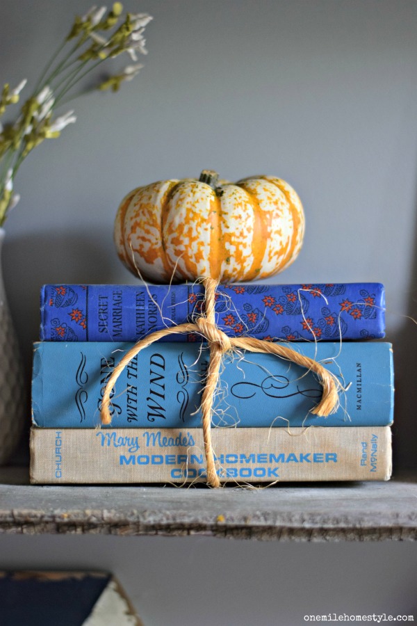 Wrap vintage books with twine to add simple farmhouse style to your home this fall.