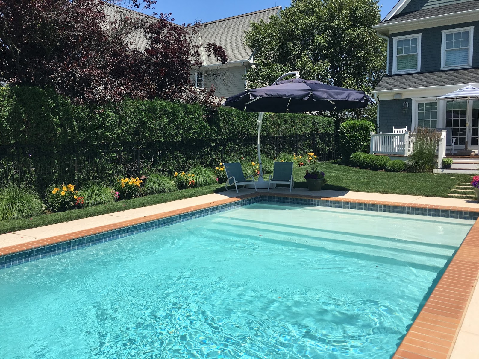 Classic rectangle swimming pool in backyard