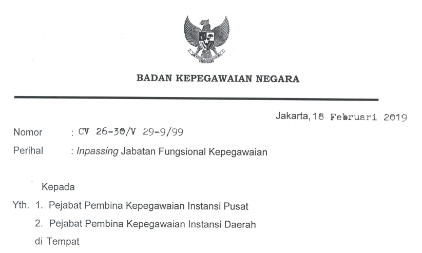 Surat Pemberitahuan BKN ihwal Infassing Jabatan Fungsional Kepegawaian Surat Infassing Jabatan Fungsional Kepegawaian (JFK) Tahun 2019