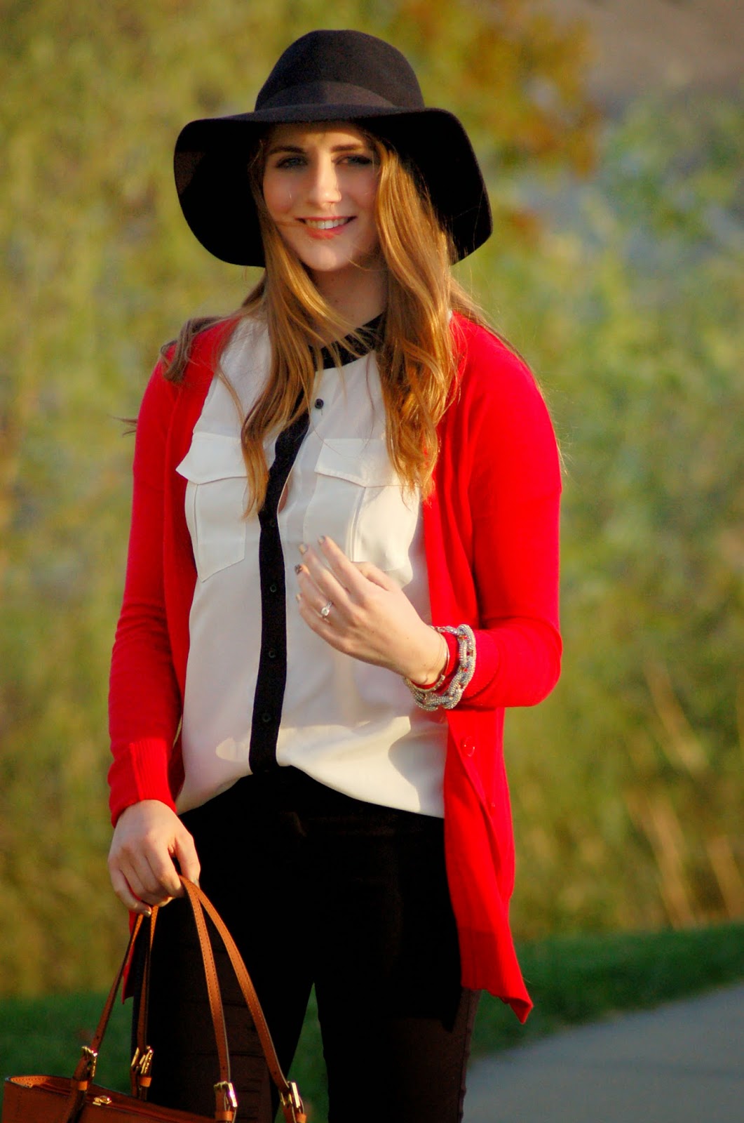 Red boyfriend cardigan with black skinny jeans on A Memory of Us!