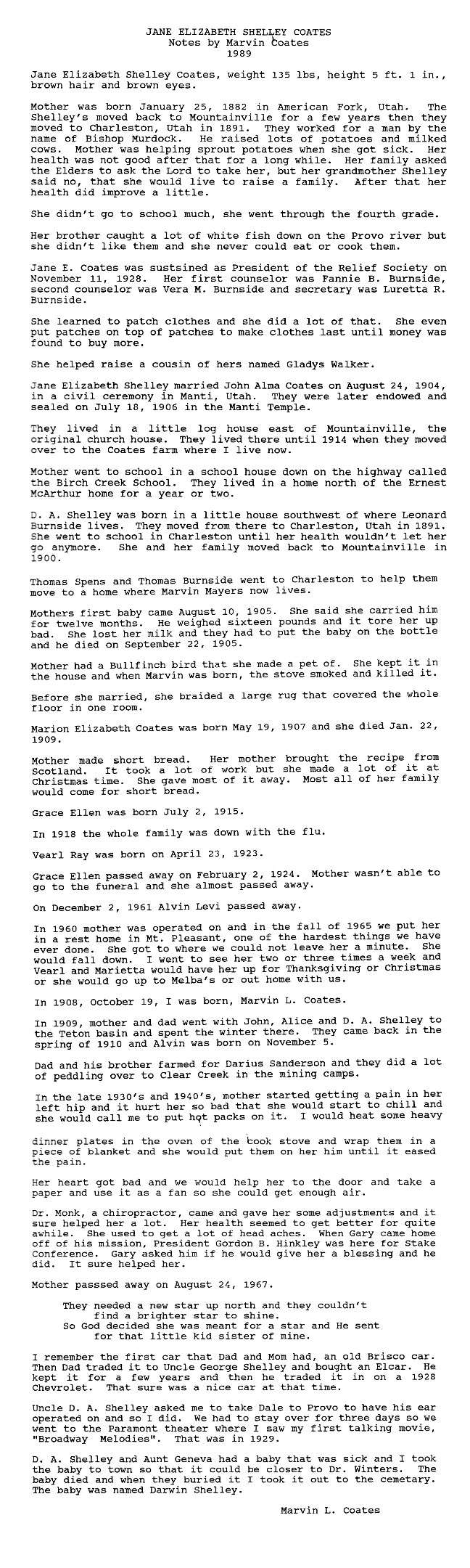 Mountainville History Biography of Jane Elizabeth Shelley Coates by Marvin Coates