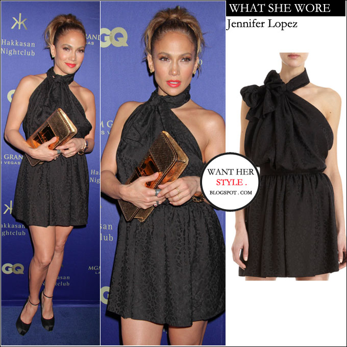 WHAT SHE WORE: Jennifer Lopez in black asymmetrical tie at the neck ...