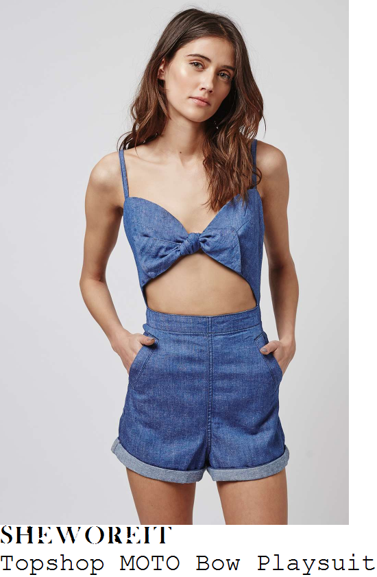 jesy-nelson-topshop-moto-mid-wash-blue-sleeveless-tie-bow-front-cut-out-detail-denim-playsuit