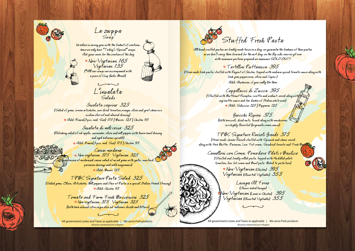 Creative Design Work "The Pasta Bowl Company" Italian Restaurant Menu Design