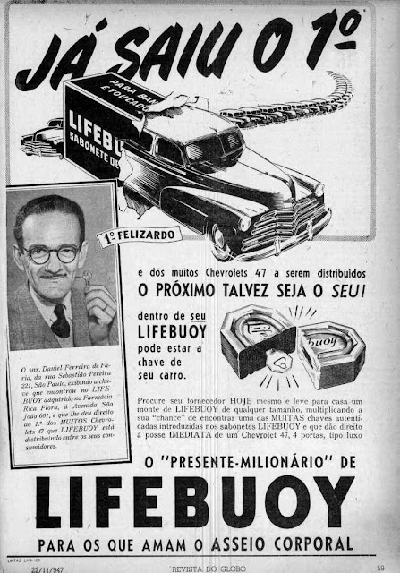 Ação promocional do Sabonete Lifebuoy em 1947: chaves de carro dentro do sabonete