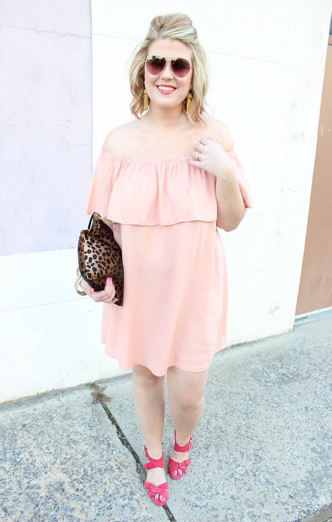 Off the shoulder ruffled dress / Pink heels / Leopard clutch / Tassel earrings