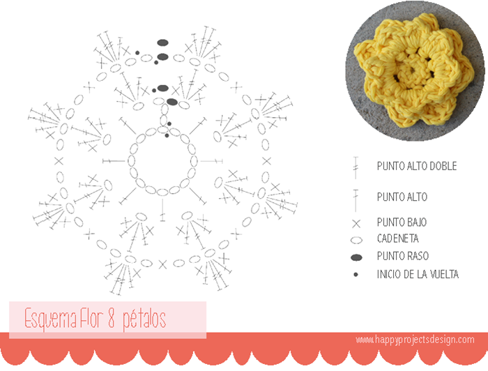 DIY Cactus Amigurumi Esquema flor crochet 8 pétalos