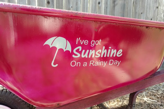 Using permanent adhesive vinyl and a Silhouette Cameo to decorate the wheelbarrow for use as a garden planter. 651 Vinyl on an old upcycled wheelbarrow.