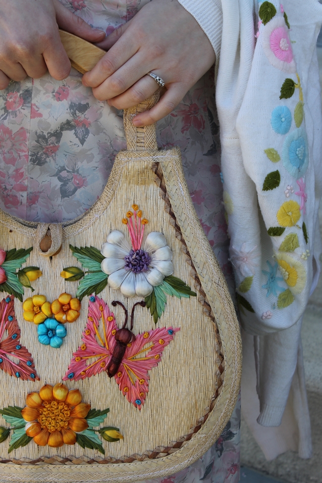 vintage straw embroidered purse and 1950s embroidered flower cardigan